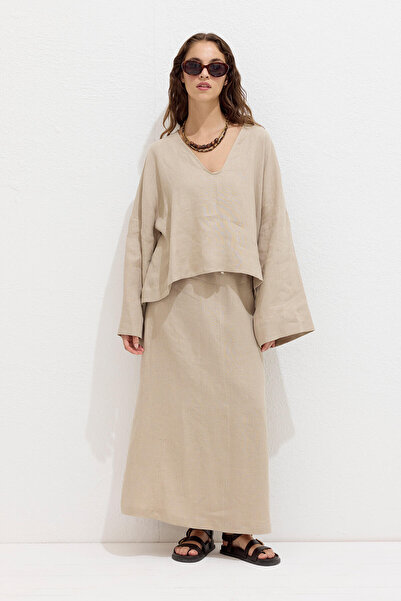 Manuka Sand Colored Lace-Up Linen Skirt
