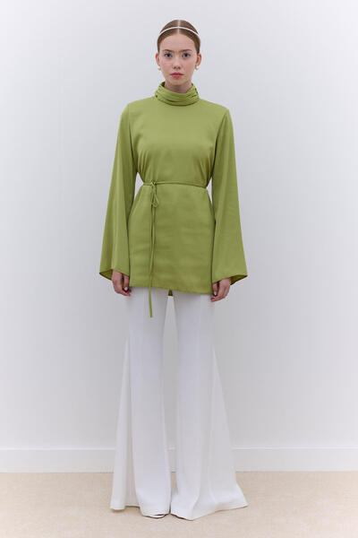 Manuka Green Satin Wide Sleeve Tunic