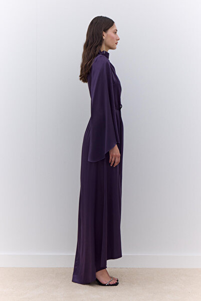 Manuka Μωβ σατέν βραδινό φόρεμα με φουσκωτό μανίκι