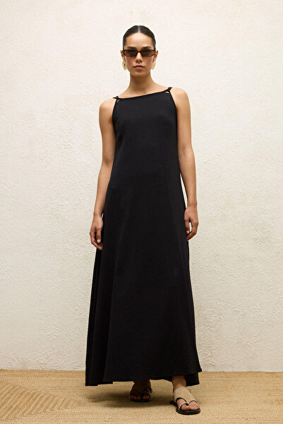 Manuka Βαμβακερό φόρεμα μαύρο λουράκι