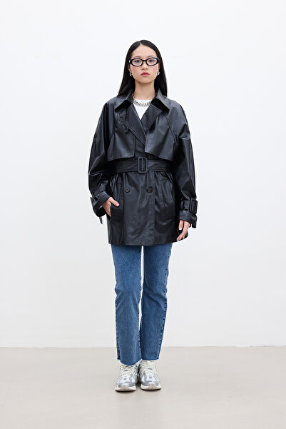 Manuka Μαύρη δερμάτινη καμπαρντίνα Oversize