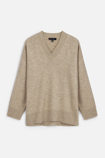 Manuka Beige Color Plain Knit V-Neck Knitwear Sweater