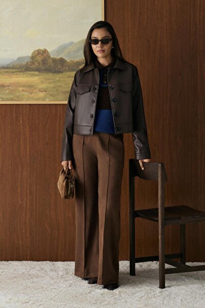 KADRİYE BAŞTÜRK Short Faux Leather Jacket Brown