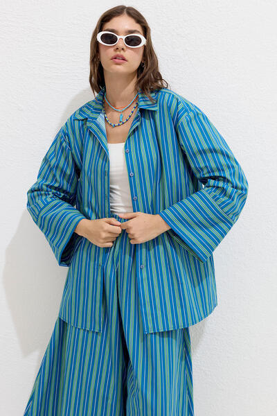 Manuka Πράσινο ριγέ βαμβακερό πουκάμισο