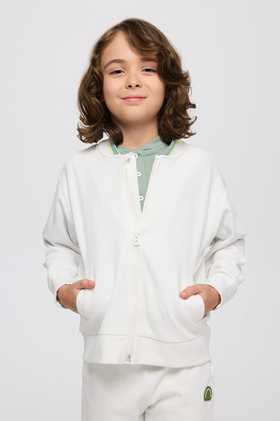 Panço Erkek Çocuk Yakası Ribanalı Cepli Fermuarlı Ekru Sweatshirt