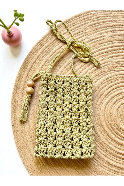 CHANCE GİFT Straw Hand-Knitted Mobile Phone Bag Women's Wallet Makeup Bag Suitable for All Phones with Drawstring Strap