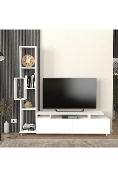 Dekorister Tulip Beyaz Kitaplıklı TV Ünitesi / Modern Raflı ve Kapaklı Salon Ünitesi