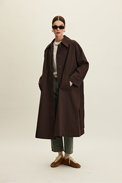 Manuka KEMERLİ OVERSİZE GABARDİN TRENÇKOT ACI KAHVE