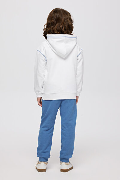 Panço Erkek Çocuk Kapüşonlu Nakışlı Kanguru Cepli Kontrast Dikiş Detaylı Beyaz Sweatshirt