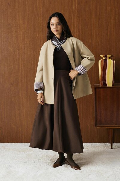 KADRİYE BAŞTÜRK High Waist Pleated Balloon Skirt Brown