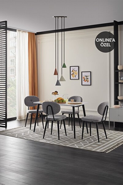 Enza Home Palladio Mutfak Sandalyesi, Siyah Ayaklı, Keten Dokulu - Koyu Gri