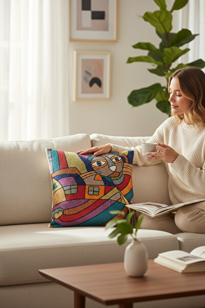 Chintar Jakarlı Goblen Pano Dokuma Picasso Kedi Dekoratif Kırlent / Yastık Kı...