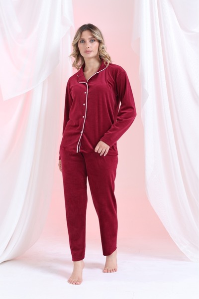 Elit Burgundy Front Buttoned Velvet Winter Women's Pajama Set Dowry Set Gift