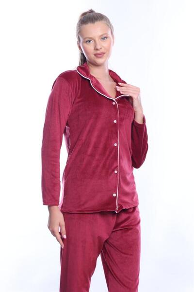 Elit Burgundy Front Buttoned Velvet Winter Women's Pajama Set Dowry Set Gift