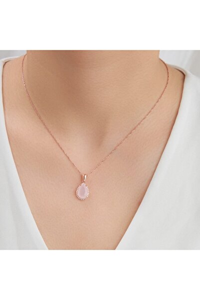 Siset Gümüş 925 Ayar Rose Kaplama Pembe Kuvars Taşlı Damla Gümüş Kolye