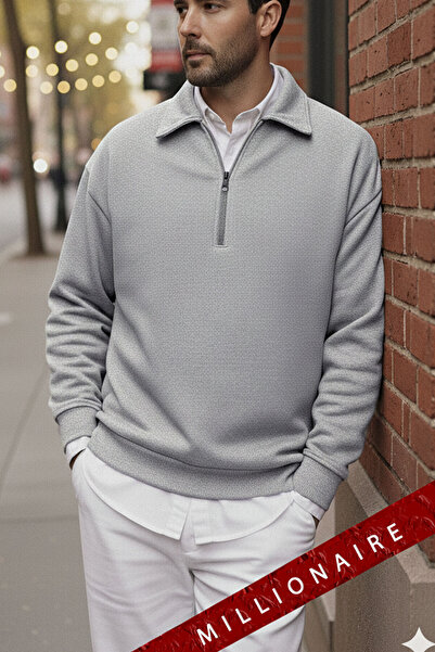Millionaire Men's Gray Fleece Oversize Sweatshirt - Half Zipper, 3 Thread
