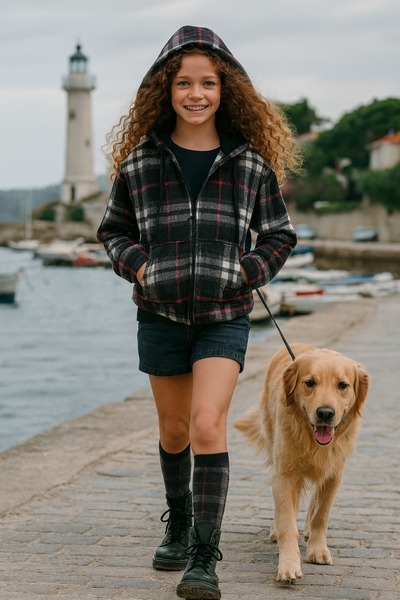 Cloise Seasonal hooded plaid cardigan Black