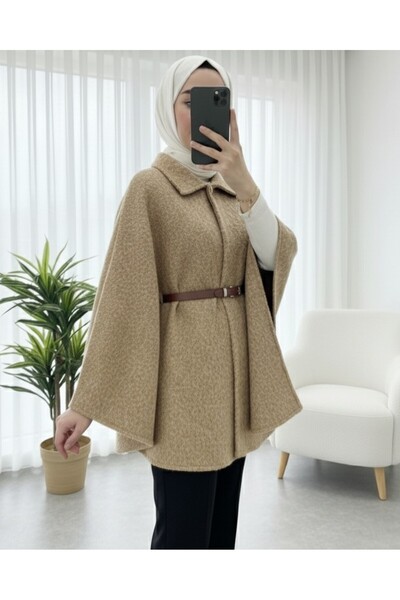 Modamorfo Tek Düğmeli Beli Kemerli Sakallı Panço -Vizon