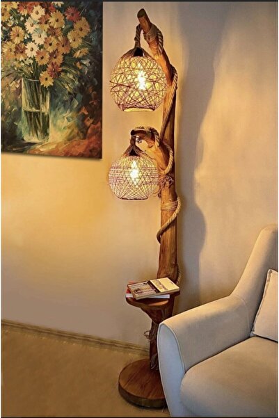 menalART Ağaç Tasarım Ağaç Lambader Çift Küre 140 Cm Ahşap Lambader Kütük Köşe Aydınlatma Abajur