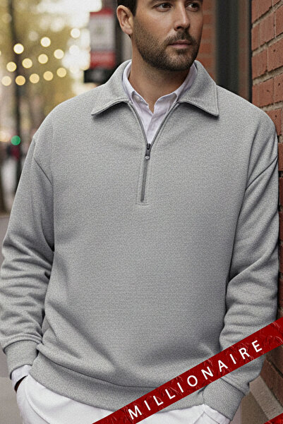Millionaire Men's Gray Fleece Oversize Sweatshirt - Half Zipper, 3 Thread