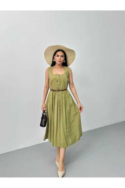 STEPS KAREYAKA KEMERLİ YAĞ YEŞİLİ ELBİSE
