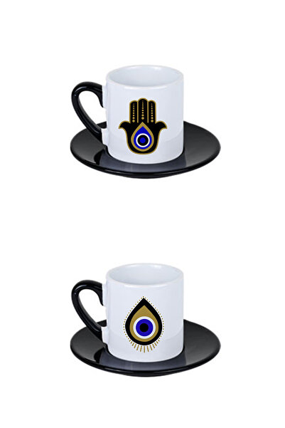 giftkonsept Evil Eye Bead Patterned Printed Black Set of 4 Porcelain Turkish Coffee Cups
