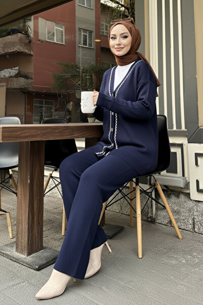 benguen Şerit Detaylı Triko Ceket Takım H25302 Lacivert