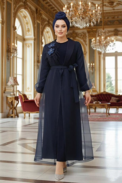Neva Style Çiçek Detaylı Lacivert Tesettür Abaya 46651L