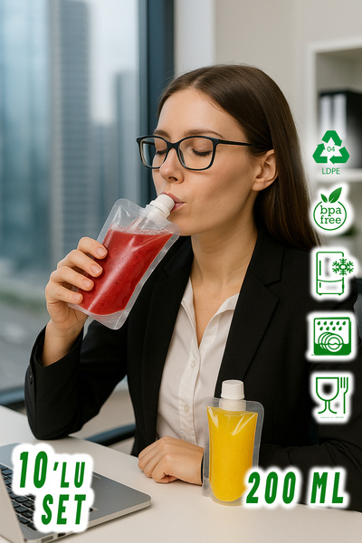 Ezupack 200ml 10'lu Smoothie Detoks Ginger Şeffaf Plastik Sızdırmaz Organik Meyve Suyu Meybuz İçecek Poşeti