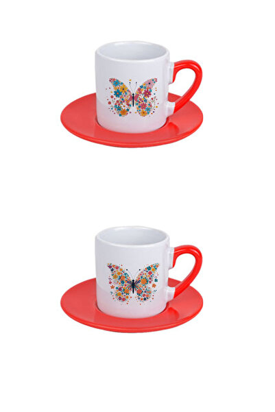giftkonsept Çiçek Ve Kelebek Temalı Baskılı Kırmızı 4'lü Porselen Türk Kahvesi Fincan Takımı