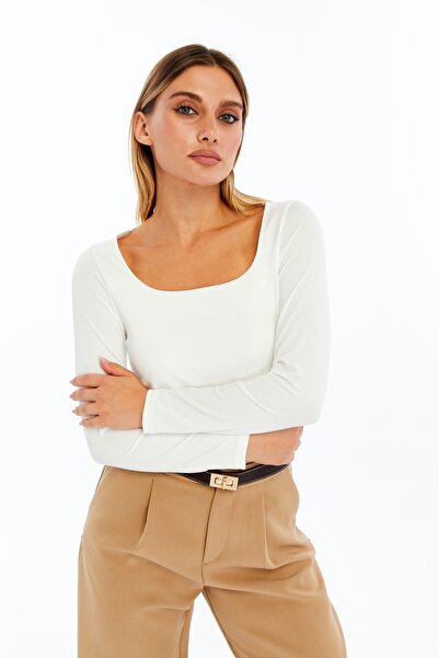 VERANOYA Square Neck Long Sleeve Blouse with Chest Pad Detail White