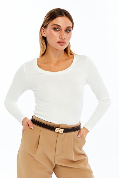 VERANOYA Oval Neck Long Sleeve Blouse White