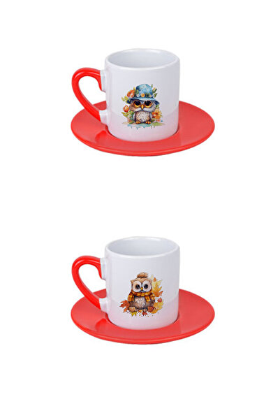 giftkonsept Cute Owls Printed Red 4-Piece Porcelain Turkish Coffee Cup Set