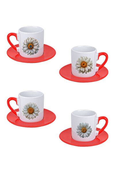 giftkonsept Daisy Printed Red 4-Piece Porcelain Turkish Coffee Cup Set