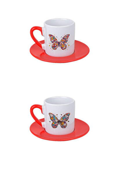 giftkonsept Çiçek Ve Kelebek Temalı Baskılı Kırmızı 4'lü Porselen Türk Kahvesi Fincan Takımı