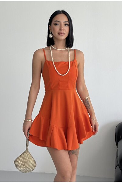 ALFUDO Moda Collection Rochie de seară portocalie cu bretele subțiri și detal...