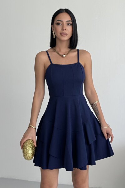 ALFUDO Moda Collection Ince Askılı Eteği Kat Detay Lacivert Abiye Mezuniyet E...