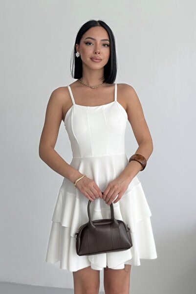 ALFUDO Moda Collection Ince Askılı Eteği Kat Detay Beyaz Abiye Mezuniyet Elbisesi