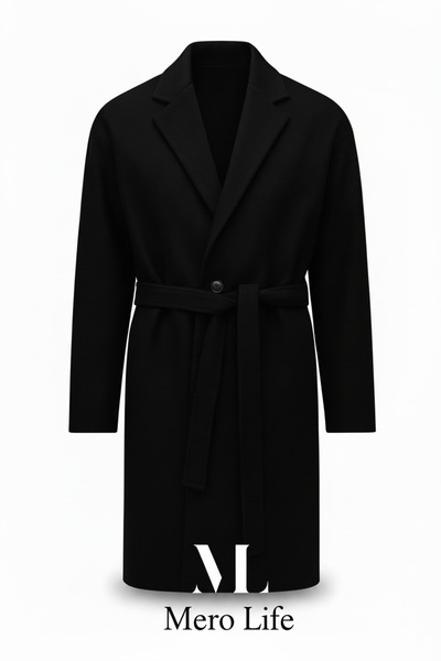 Mero Life Men's Black Belted Oversize Relaxed Cut Stamp Coat