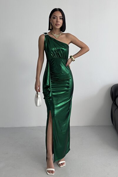 ALFUDO Moda Collection Women's Shoulder Accessory Flounce Slit Shiny Fabric Evening Dress Graduation Wedding Emerald Green Dress