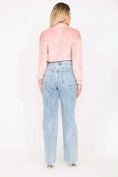 Şans Women's Large Size Blue Wash Effect Ripped Detailed High Waist Jeans 65N37274