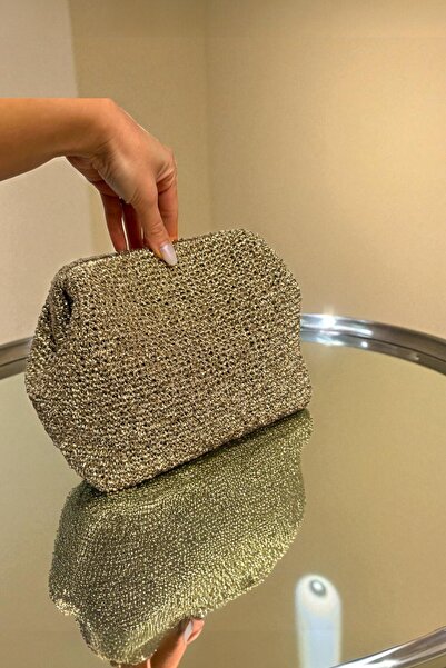 CHANCE GİFT Kadın Işıltılı Parlak Gold Çanta Örme Kağıt İp Düğün Davet Özel Gün Şık Clutch Çanta 25 Cm