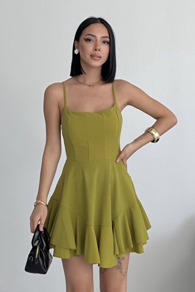 ALFUDO Moda Collection Ince Askılı Eteği Kat Detay Yağ Yeşili Abiye Mezuniyet...