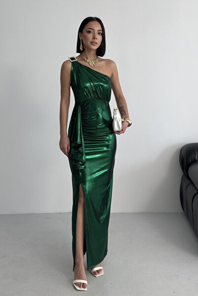ALFUDO Moda Collection Women's Shoulder Accessory Flounce Slit Shiny Fabric Evening Dress Graduation Wedding Emerald Green Dress