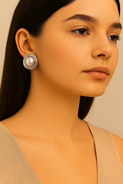 PİRLENTO أقراط نسائية من الفولاذ باللون الفضي مع تفاصيل اللؤلؤ المخفي - تصميم...