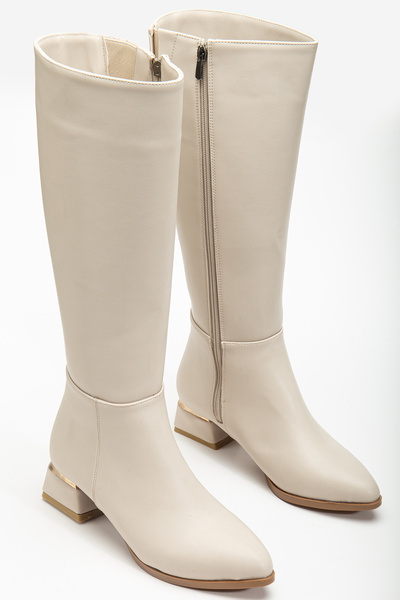 romamod Dámské kožené kozačky na zip s elastickým lemem pod kolena, hranatá špička, podpatky