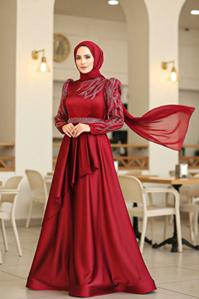 Neva Style Beaded Burgundy Satin Hijab Evening Dress 22671Br