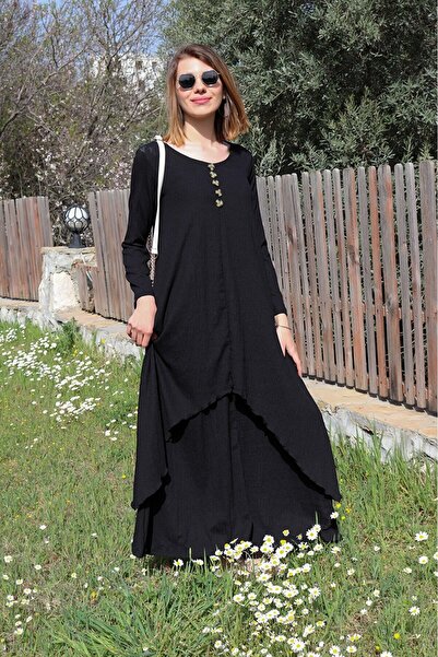 1tarz Keten Günlük Yazlık Salaş Kadın İki Katlı Elbise