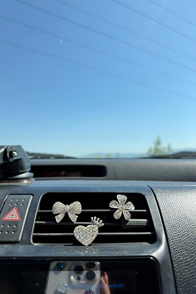 Çiçek Antalya Silver Flower Bow and Heart Stone Air Conditioner Grill Ornament – 3-Piece Car Interior Decorative Accessory