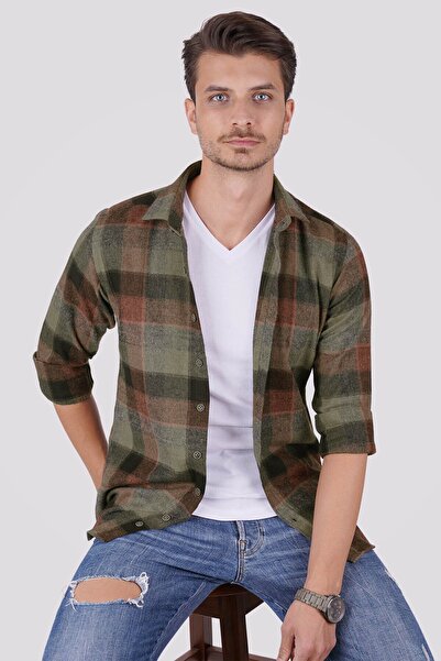 Etikmen Πράσινο καφέ Slimfit Ξυλοκόπος πουκάμισο - Μεταβατικό, Κουτί δώρου